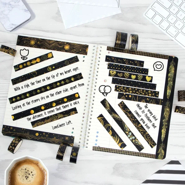 Black Washi Tape Set with Gold Foil