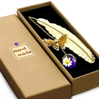 Metal feather bookmark with butterfly charms