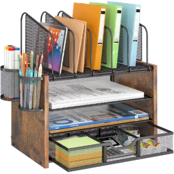 081-wooden mesh desk organizer-SKU