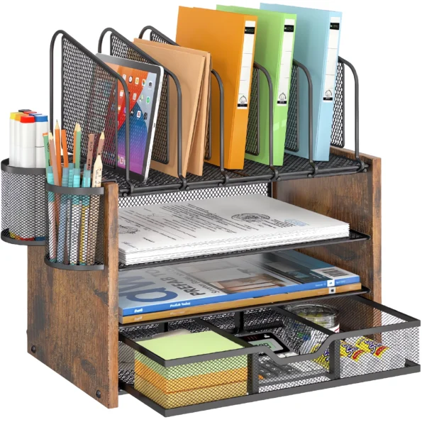 081-wooden mesh desk organizer-SKU