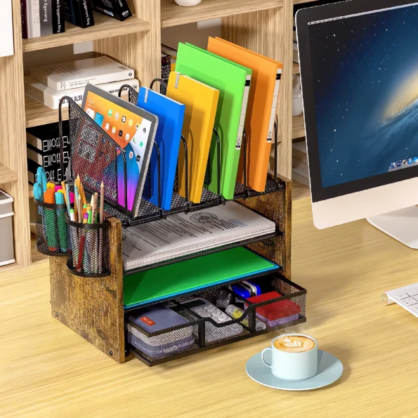 081-wooden mesh desk organizer-SKU
