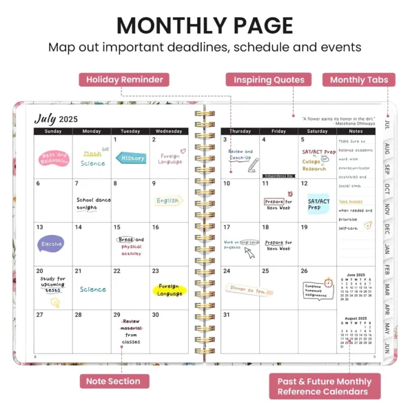 Academic year monthly and weekly calendar planner